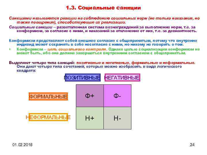 1. 3. Социальные санкции Санкциями называются реакции на соблюдению социальных норм (не только наказания,