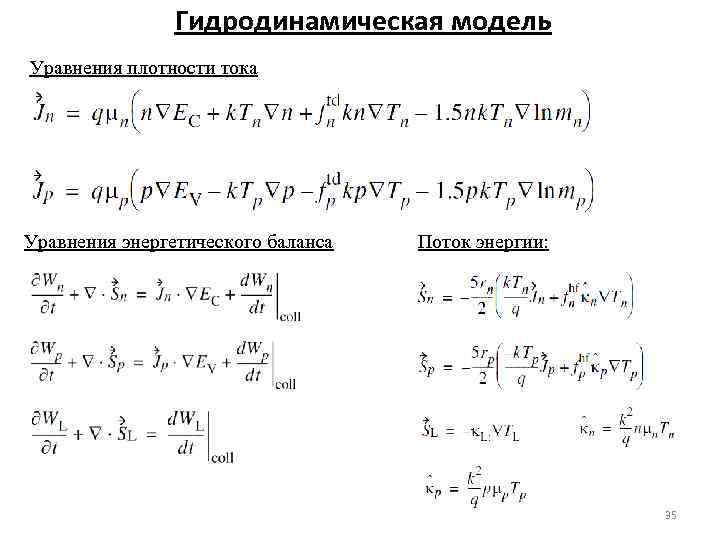Гидродинамическая модель Уравнения плотности тока Уравнения энергетического баланса Поток энергии: 35 