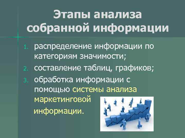 Этапы анализа собранной информации распределение информации по категориям значимости; 2. составление таблиц, графиков; 3.