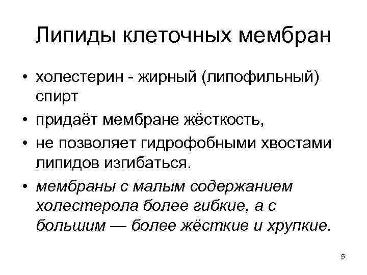 Липиды клеточных мембран • холестерин - жирный (липофильный) спирт • придаёт мембране жёсткость, •