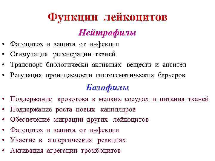 Функции лейкоцитов Нейтрофилы • • Фагоцитоз и защита от инфекции Стимуляция регенерации тканей Транспорт