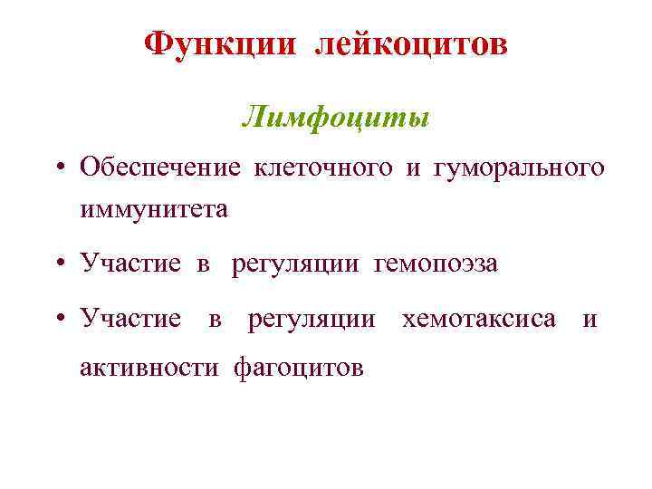 Функции лейкоцитов Лимфоциты • Обеспечение клеточного и гуморального иммунитета • Участие в регуляции гемопоэза