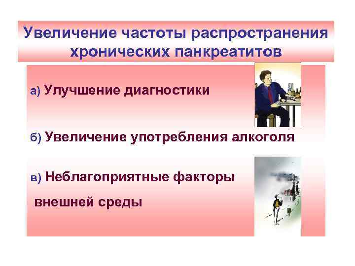 Увеличение частоты распространения хронических панкреатитов а) Улучшение диагностики б) Увеличение употребления алкоголя в) Неблагоприятные