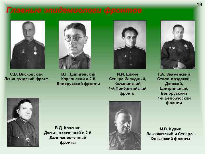 19 Главные эпидемиологи фронтов С. В. Висковский Ленинградский фронт В. Г. Дилигенский Карельский и