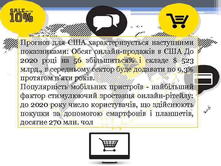 Прогноз для США характеризується наступними показниками: Обсяг онлайн-продажів в США До 2020 році на
