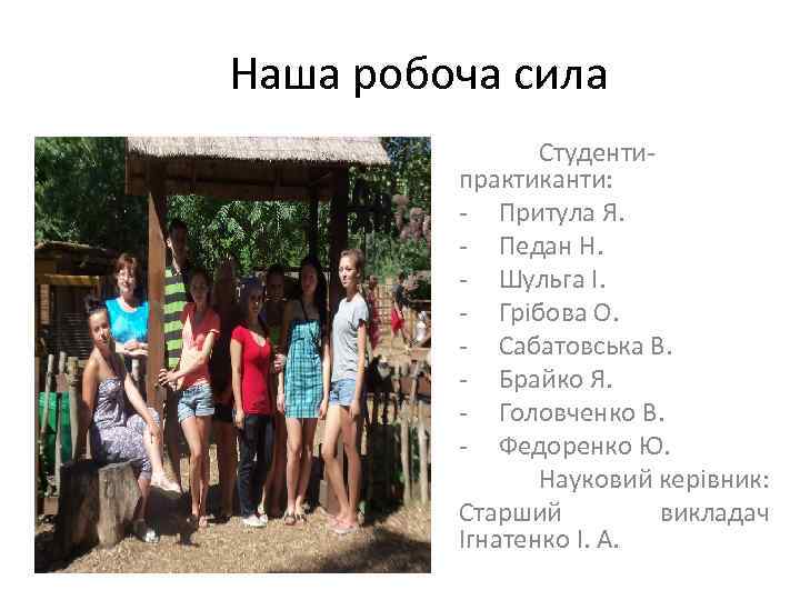 Наша робоча сила Студентипрактиканти: - Притула Я. - Педан Н. - Шульга І. -