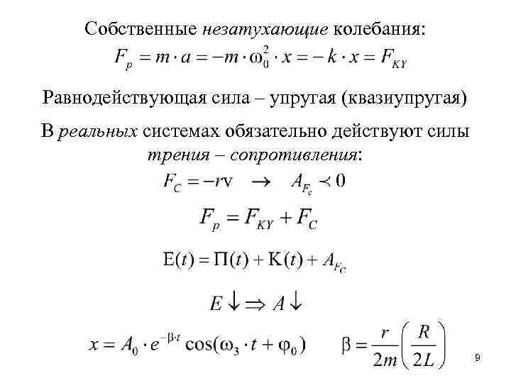 Собственные незатухающие колебания: Равнодействующая сила – упругая (квазиупругая) В реальных системах обязательно действуют силы
