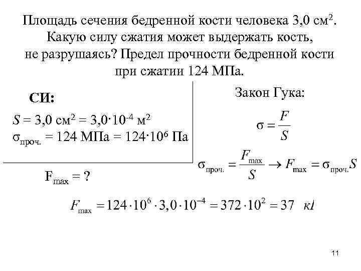 Площадь сечения бедренной кости человека 3, 0 см 2. Какую силу сжатия может выдержать