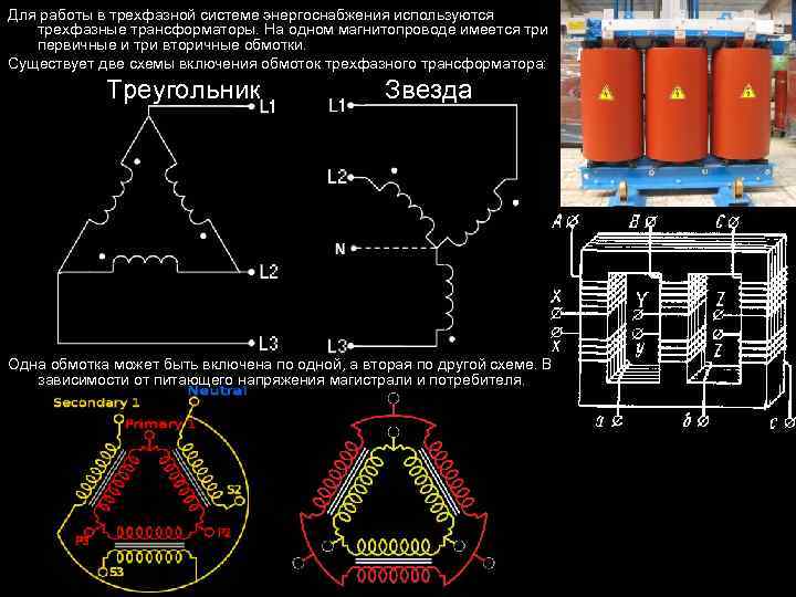 Для работы в трехфазной системе энергоснабжения используются трехфазные трансформаторы. На одном магнитопроводе имеется три