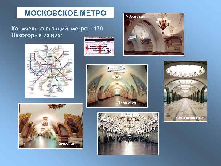 МОСКОВСКОЕ МЕТРО Арбатская Количество станций метро – 170 Некоторые из них: Таганская Комсомольская Киевская