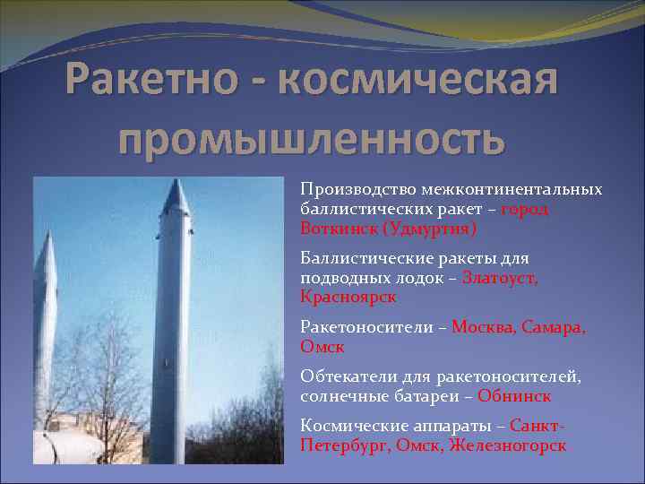 Ракетно - космическая промышленность Производство межконтинентальных баллистических ракет – город Воткинск (Удмуртия) Баллистические ракеты