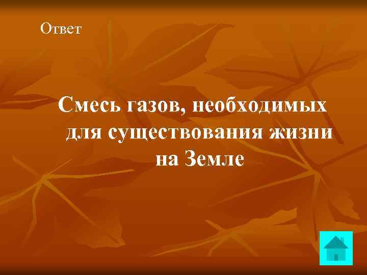 Ответ Смесь газов, необходимых для существования жизни на Земле 