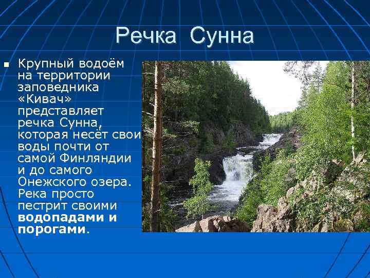 Речка Сунна Крупный водоём на территории заповедника «Кивач» представляет речка Сунна, которая несёт свои