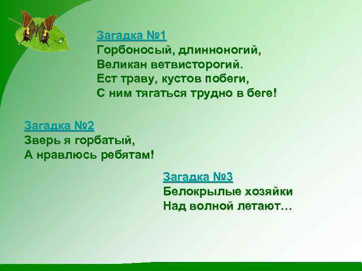 Загадка № 1 Горбоносый, длинноногий, Великан ветвисторогий. Ест траву, кустов побеги, С ним тягаться