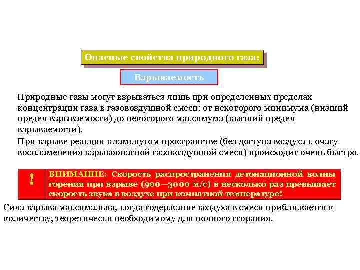 Опасные свойства природного газа: Взрываемость Природные газы могут взрываться лишь при определенных пределах концентрации
