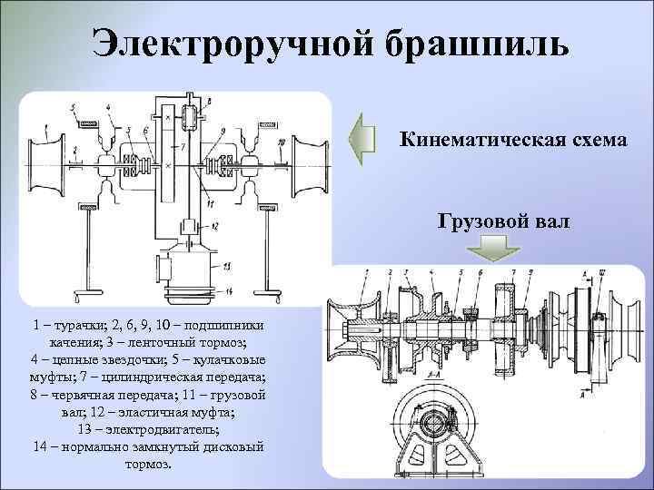 Электроручной брашпиль Кинематическая схема Грузовой вал 1 – турачки; 2, 6, 9, 10 –