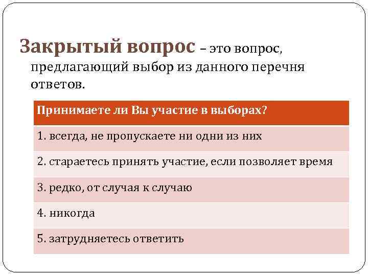 Закрытый вопрос – это вопрос, предлагающий выбор из данного перечня ответов. Принимаете ли Вы
