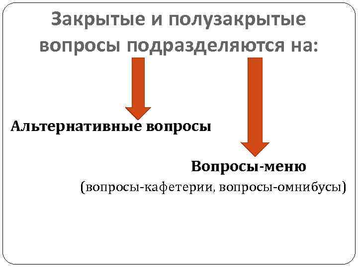 Закрытые и полузакрытые вопросы подразделяются на: Альтернативные вопросы Вопросы-меню (вопросы-кафетерии, вопросы-омнибусы) 