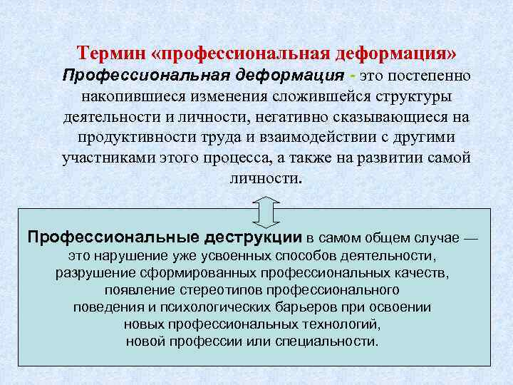 Термин «профессиональная деформация» Профессиональная деформация - это постепенно накопившиеся изменения сложившейся структуры деятельности и