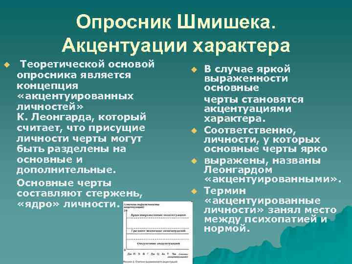 Опросник Шмишека. Акцентуации характера Теоретической основой опросника является концепция «акцентуированных личностей» К. Леонгарда, который