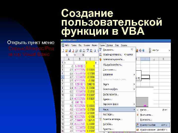 Создание пользовательской функции в VBA Открыть пункт меню Сервис/Макрос/Ред актор Visual Basic 