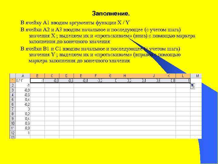 Заполнение. В ячейку А 1 вводим аргументы функции X / Y В ячейки А