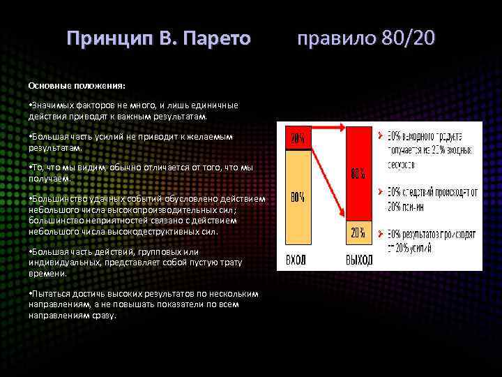  Принцип В. Парето правило 80/20 Основные положения: • Значимых факторов не много, и