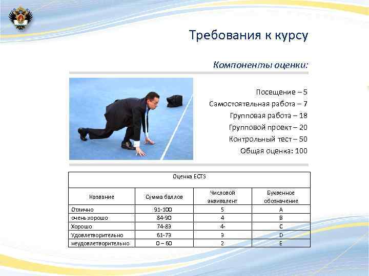 Требования к курсу Компоненты оценки: Посещение – 5 Самостоятельная работа – 7 Групповая работа