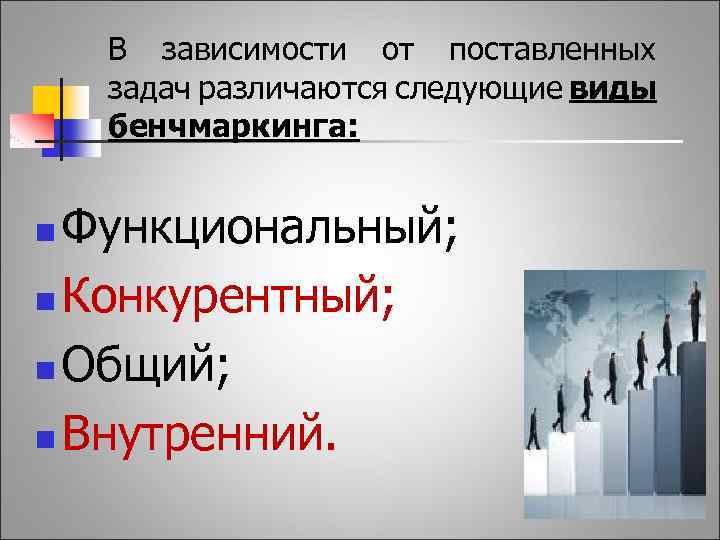 В зависимости от поставленных задач различаются следующие виды бенчмаркинга: Функциональный; n Конкурентный; n Общий;