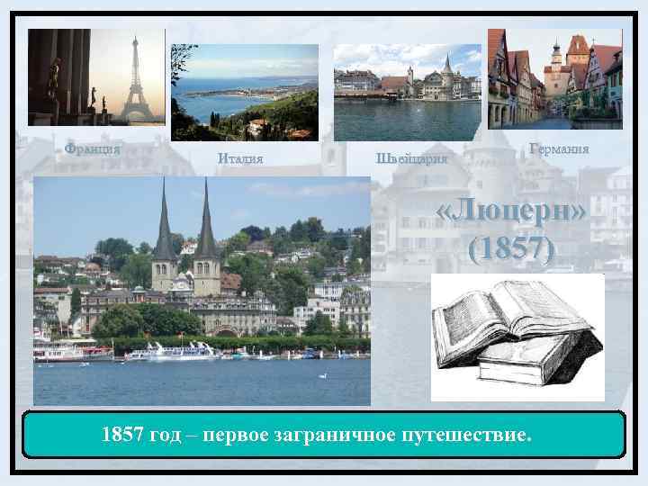 Франция Италия Швейцария Германия «Люцерн» (1857) 1857 год – первое заграничное путешествие. 