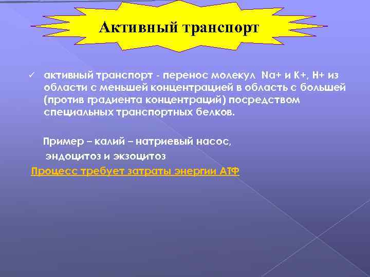 Активный транспорт ü активный транспорт - перенос молекул Na+ и K+, H+ из области