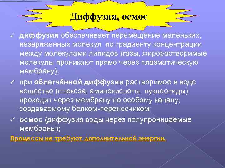 Диффузия, осмос диффузия обеспечивает перемещение маленьких, незаряженных молекул по градиенту концентрации между молекулами липидов