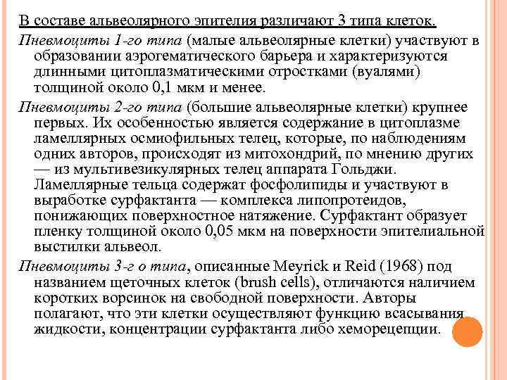 В составе альвеолярного эпителия различают 3 типа клеток. Пневмоциты 1 -го типа (малые альвеолярные