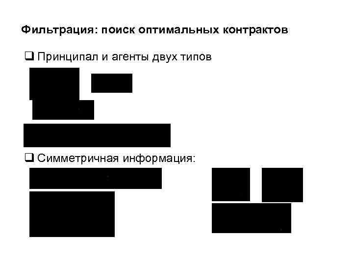 Фильтрация: поиск оптимальных контрактов q Принципал и агенты двух типов q Симметричная информация: 