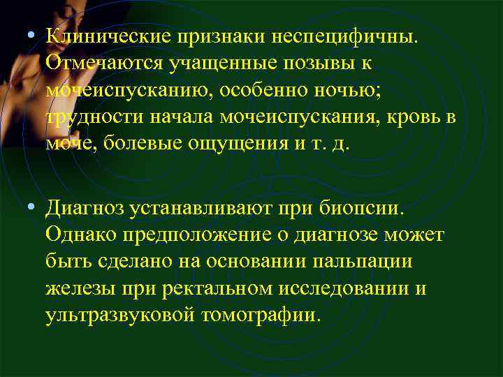  • Клинические признаки неспецифичны. Отмечаются учащенные позывы к мочеиспусканию, особенно ночью; трудности начала