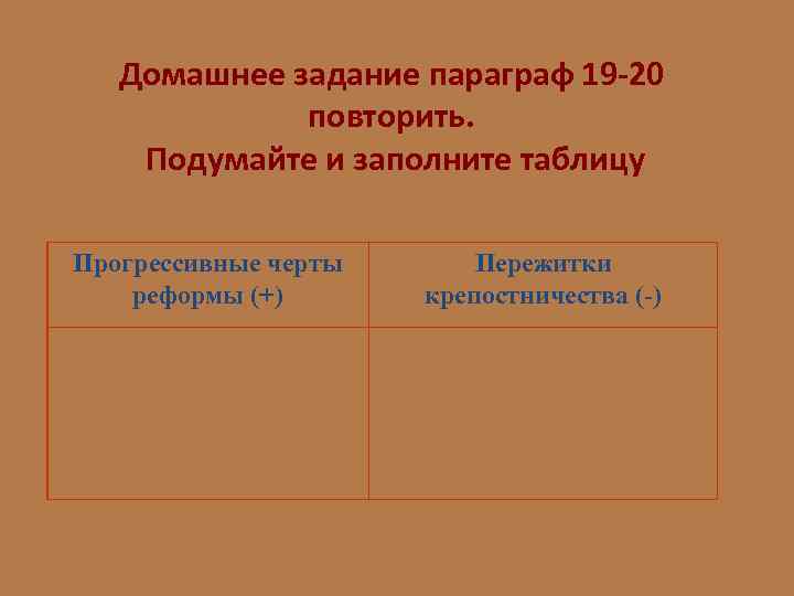 Домашнее задание параграф 19 -20 повторить. Подумайте и заполните таблицу Прогрессивные черты реформы (+)