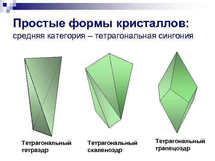 Простые формы кристаллов: средняя категория – тетрагональная сингония Тетрагональный тетраэдр Тетрагональный скаленоэдр Тетрагональный трапецоэдр