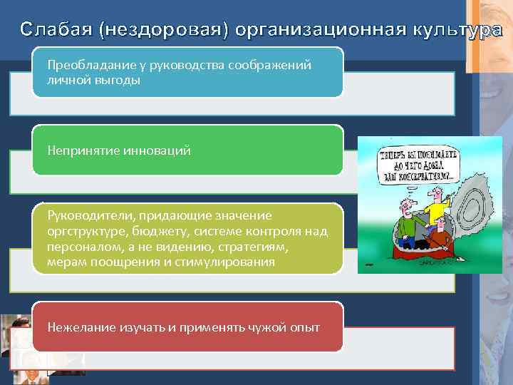 Слабая (нездоровая) организационная культура Преобладание у руководства соображений личной выгоды Непринятие инноваций Руководители, придающие