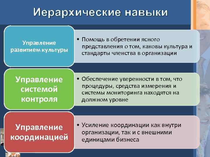 Иерархические навыки Управление развитием культуры • Помощь в обретении ясного представления о том, каковы