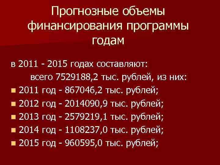Прогнозные объемы финансирования программы годам в 2011 - 2015 годах составляют: всего 7529188, 2