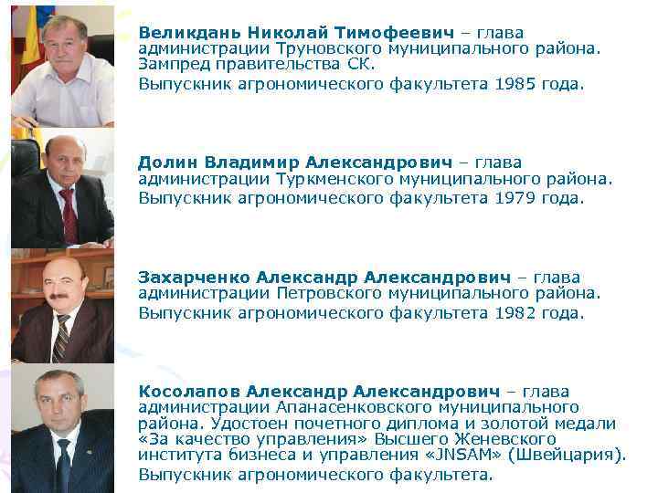 Великдань Николай Тимофеевич – глава администрации Труновского муниципального района. Зампред правительства СК. Выпускник агрономического