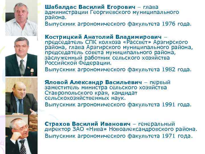 Шабалдас Василий Егорович – глава администрации Георгиевского муниципального района. Выпускник агрономического факультета 1976 года.