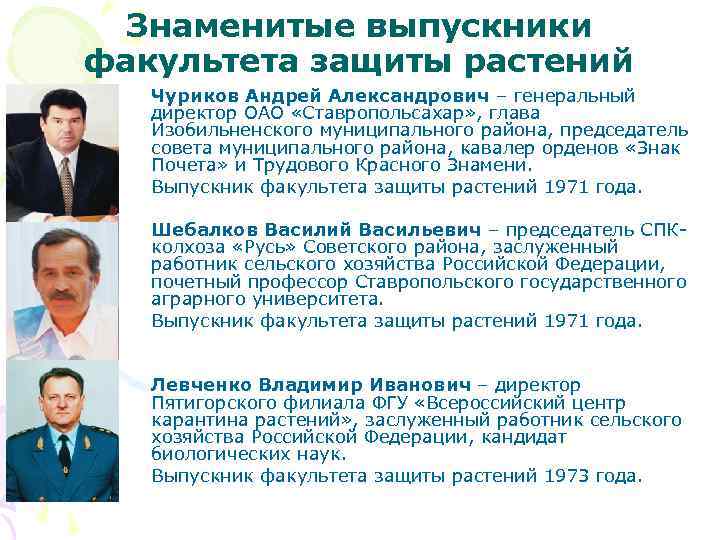 Знаменитые выпускники факультета защиты растений Чуриков Андрей Александрович – генеральный директор ОАО «Ставропольсахар» ,