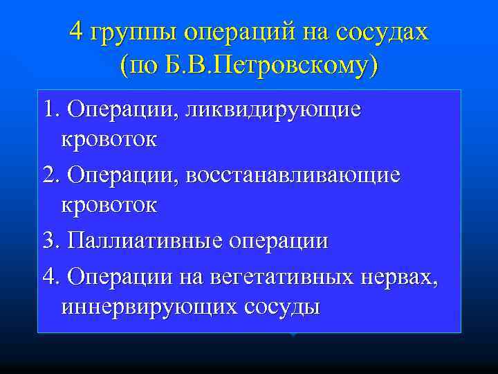 4 группы операций на сосудах (по Б. В. Петровскому) 1. Операции, ликвидирующие кровоток 2.