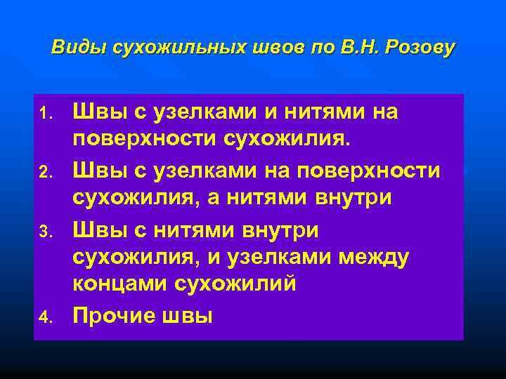Виды сухожильных швов по В. Н. Розову 1. 2. 3. 4. Швы с узелками