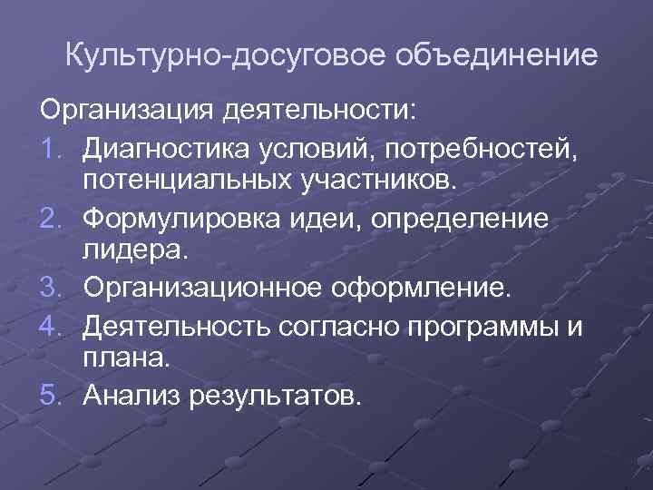  Культурно-досуговое объединение Организация деятельности: 1. Диагностика условий, потребностей, потенциальных участников. 2. Формулировка идеи,