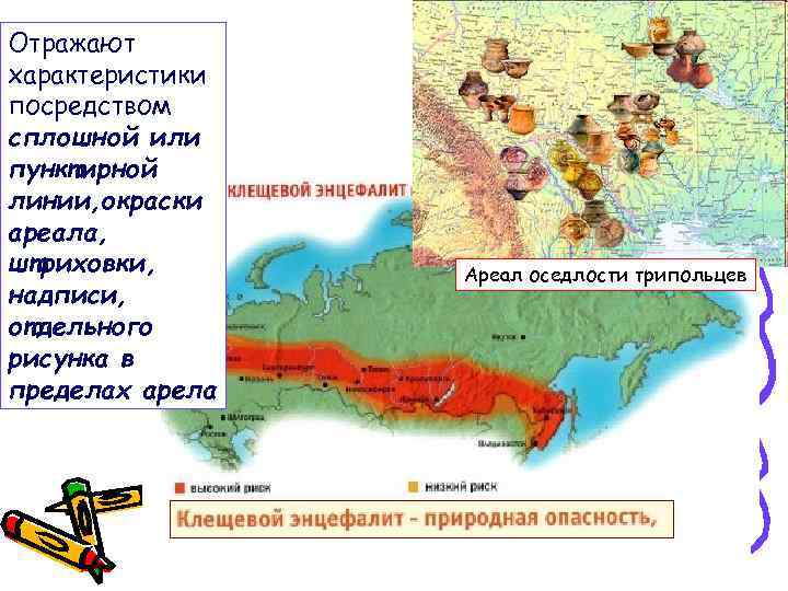Отражают характеристики посредством сплошной или пунктирной линии, окраски ареала, штриховки, надписи, отдельного рисунка в