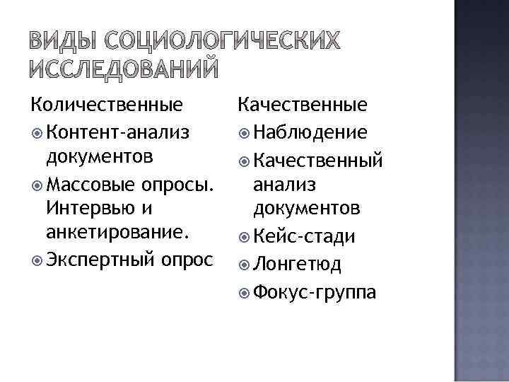 Количественные Контент-анализ документов Массовые опросы. Интервью и анкетирование. Экспертный опрос Качественные Наблюдение Качественный анализ