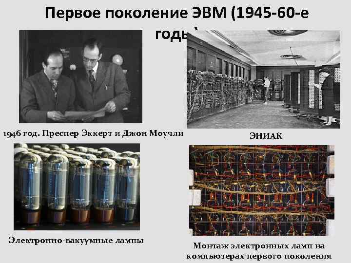 Первое поколение ЭВМ (1945 -60 -е годы) 1946 год. Преспер Эккерт и Джон Моучли