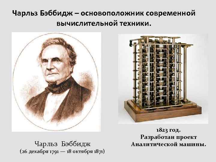 Чарльз Бэббидж – основоположник современной вычислительной техники. Чарльз Бэббидж (26 декабря 1791 — 18